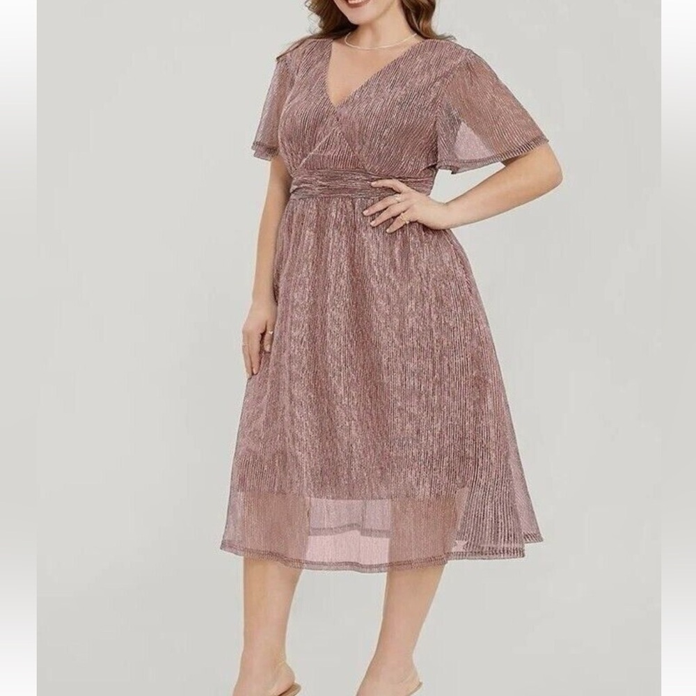 Bloomchic Plus Size Glitter Mesh Surplice Neck Ruffle Sleeve Pocket Midi Dress - Picture 3 of 6